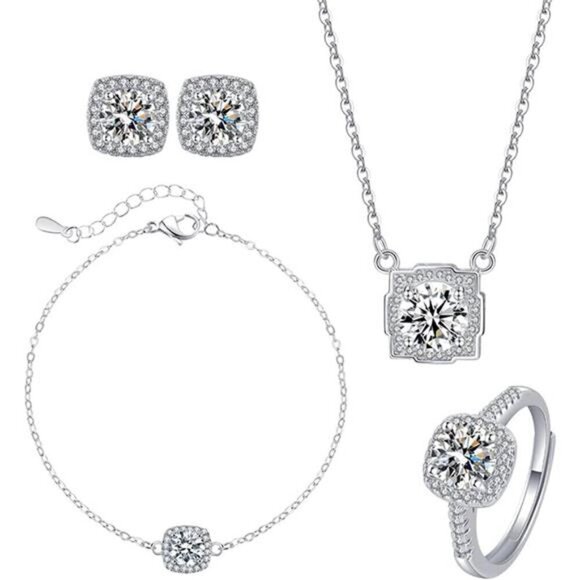 4 Piece Wedding Jewelry Set for Bride Bridesmaid Cubic Zirconia Silver Fashion - Picture 2 of 8